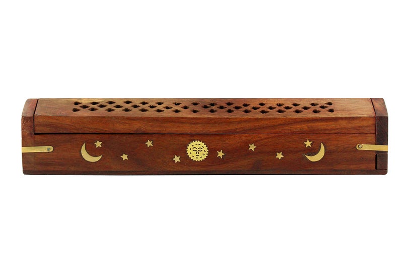 Cotton Craft Sheesham Wood Incense Burner Holder - Set of 2 Coffin Style Sun Moon Inlay Handmade Aromatherapy Room Freshener Fragrance Cone Incense Stick Burner Ash Catcher - Zen Home Gift - 12x2x2 - COTTON CRAFT - Image 2